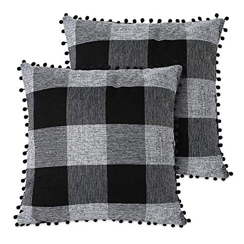 Artscope 2er Set Kariert Kissenbezug mit Pompoms Dekokissen Super Weich Baumwolle Leinen Kissenbezüge Decor Kissenhülle für Sofa Büro Wohnzimmer 18x18Inch 45x45cm Schwarz & Grau von Artscope