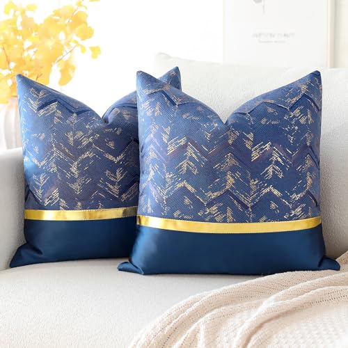 Artscope 2er Set Kissenbezug für Sofa Auto Schlafzimmer Luxuriöser Moderne Minimalist Goldenen Ledernähten Wellenstreifen Dekokissen Kissenhülle Kissen Fall 40x40cm (Navy Blau) von Artscope