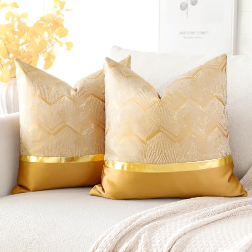 Artscope 2er Set Kissenbezug für Sofa Auto Schlafzimmer Luxuriöser Moderne Minimalist Goldenen Ledernähten Wellenstreifen Dekokissen Kissenhülle Kissen Fall 50x50cm (Golden) von Artscope