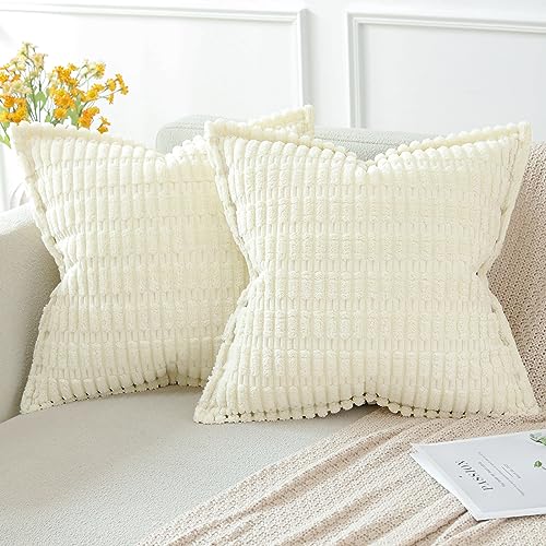 Artscope 2er Set Kordsamt Kissenbezüge Moderne Kissenhüllen Dekorative Sofakissen Umwickelte Kante Dekokissen Weicher Zierkissenbezug für Wohnzimmer Sofa Schlafzimmer Boho Dekor Creme Beige, 60x60cm von Artscope