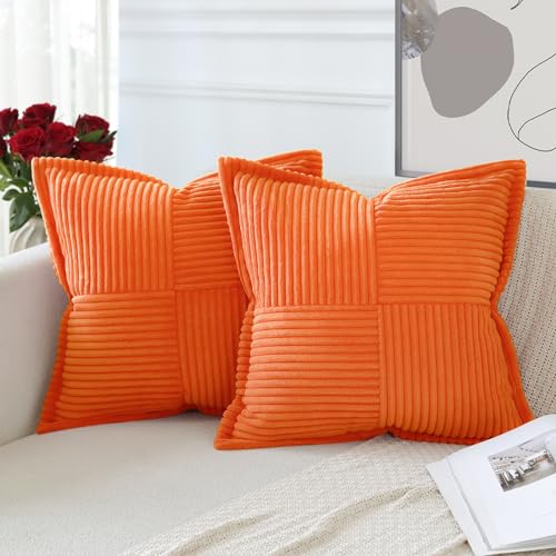 Artscope 2er Set Kordsamt Kissenbezüge Samtkissen Weich Dekokissen Dekorativ Kissenbezug Modern Kissenhülle Umwickelte Kante Sofakissen für Wohnzimmer Schlafzimmer Orange, 45x45cm von Artscope