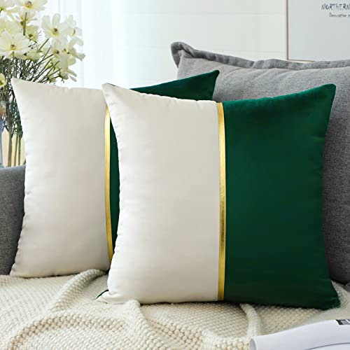 Artscope 2er Set Samt Kissenbezug für Sofa Auto Schlafzimmer Luxuriöser Moderne Minimalist Goldenen Ledernähten Dekokissen Kissenhülle Kissen Fall 45x45cm (Grün und Weiß) von Artscope
