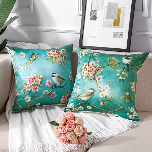 Artscope 2er Set Vögel Blume Muster Kissenbezüge 45x45cm, Weiche Faux Seide Kissenhüllen Kissen Fall für Sofa Auto Schlafzimmer, Blauer See von Artscope