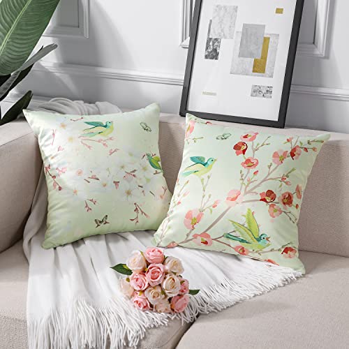 Artscope 2er Set Vogel Blume Muster Kissenbezüge 45x45cm, Weiche Faux Seide Kissenhüllen Kissen Fall für Sofa Auto Schlafzimmer, Hellgrün von Artscope