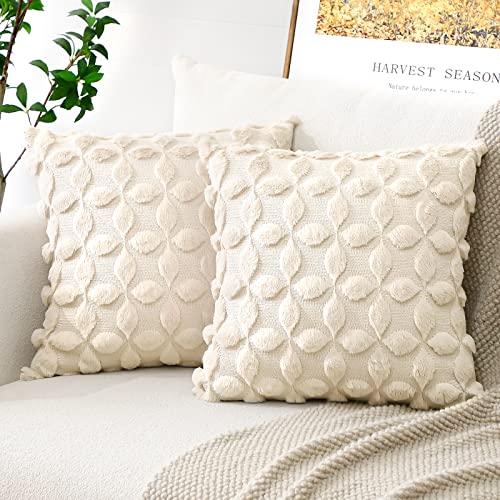 Artscope 2er Set Wolle Kissenbezüge Weicher Plüsch Kurzer Wollsamt Dekokissenbezuge Luxuriöses Sofakissen Boho Kissenhülle für Sofa Schlafzimmer Blumenmuster Creme Beige, 40x40cm von Artscope