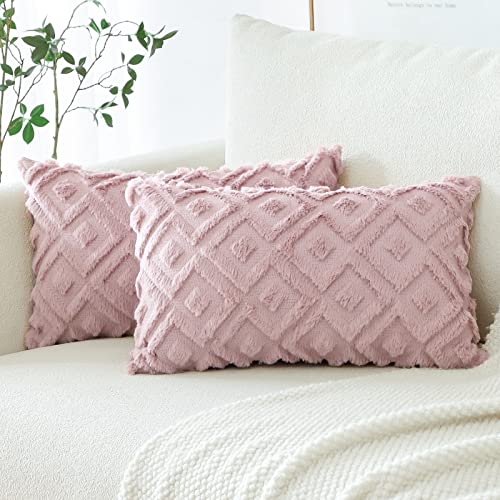 Artscope 2er Set Wolle Kissenbezüge Weicher Plüsch Kurzer Wollsamt Dekokissenbezuge Luxuriöses Sofakissen Boho Kissenhülle für Sofa Schlafzimmer Geometrische Rosa, 30x50cm von Artscope