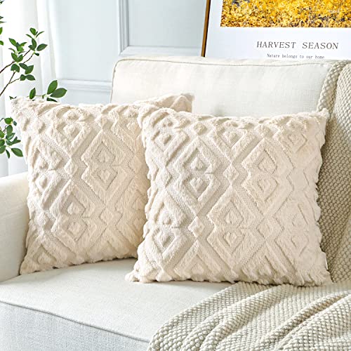 Artscope 2er Set Wolle Kissenbezüge Weicher Plüsch Kurzer Wollsamt Dekokissenbezuge Luxuriöses Sofakissen Europäische Kissenhülle für Sofa Schlafzimmer Geometrische Creme Beige, 50x50cm von Artscope