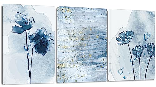 Artscope 3 Teilig Abstract Leinwandbilder mit Blaue und Goldene Aquarellmalerei Motiv Kunstdruck - Moderne Wandbild für Badezimmer Wohnzimmer Wanddekoration - 30 x 40 cm von Artscope