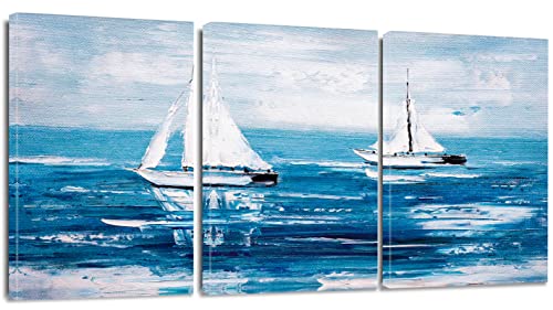 Artscope 3 Teilig Leinwandbilder mit Blauer Ozean und Segelboot Motiv Kunstdruck - Moderne Wandbild für Badezimmer Wohnzimmer Wanddekoration - 30 x 40 cm von Artscope