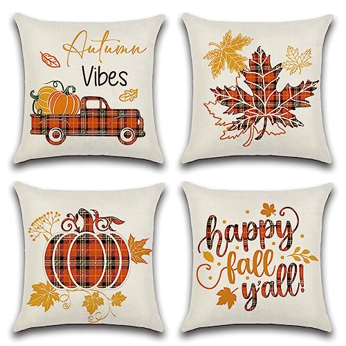 Artscope 4 Stück Büffelkaro Kissenbezüge 40x40cm Herbst-Thema Kissenbezug Kürbis LKW Ahornblatt Dekokissen Kissenhülle Wurfkissenbezug Couchkissen Fallkissen für Sofa Auto Schlafzimmer von Artscope