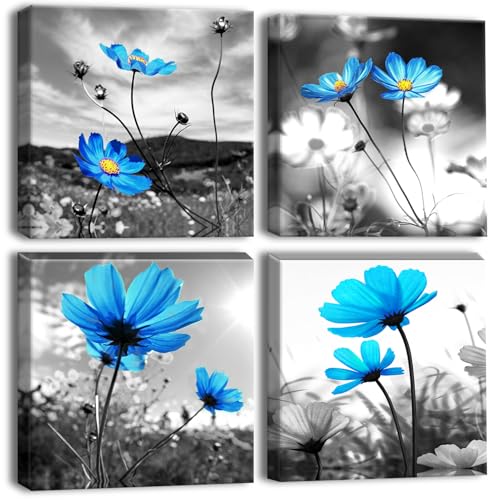 Artscope 4 Teilig Leinwandbilder mit Blaue Blumen Motiv Kunstdruck - Moderne Wandbild für Badezimmer Wohnzimmer Wanddekoration - 30 x 30 cm von Artscope
