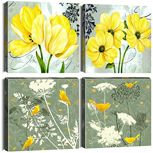 Artscope 4 Teilig Leinwandbilder mit Gelbe Blumen und Vögel Motiv Kunstdruck - Moderne Wandbild für Badezimmer Wohnzimmer Wanddekoration - 30 x 30 cm von Artscope