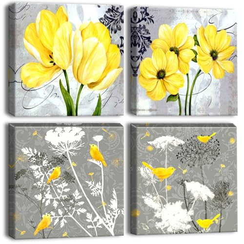 Artscope 4 Teilig Leinwandbilder mit Gelbe Blumen und Vögel Motiv Kunstdruck - Moderne Wandbild für Badezimmer Wohnzimmer Wanddekoration - 30 x 30 cm von Artscope