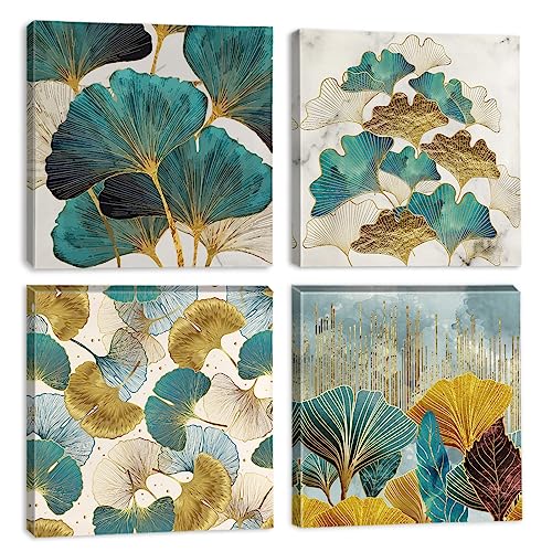 Artscope 4 Teilig Leinwandbilder mit Ginkgo Biloba Blätter Motiv Kunstdruck - Moderne Wandbild für Küche Badezimmer Wohnzimmer Wanddekoration - 30 x 30 cm von Artscope