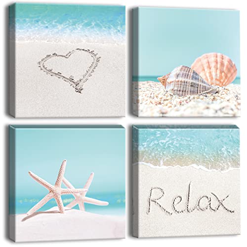 Artscope 4 Teilig Leinwandbilder mit Muschel Seestern und Strand Motiv Kunstdruck - Moderne Wandbild für Küche Badezimmer Wohnzimmer Wanddekoration - 30 x 30 cm von Artscope