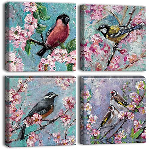 Artscope 4 Teilig Leinwandbilder mit Ölgemälde Blumen und Vögel Motiv Kunstdruck - Moderne Wandbild für Küche Badezimmer Wohnzimmer Wanddekoration - 30 x 30 cm von Artscope