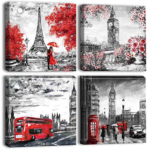 Artscope 4 Teilig Leinwandbilder mit Paar mit Big Ben und Eiffelturm Motiv Kunstdruck - Moderne Wandbild für Küche Badezimmer Wohnzimmer Wanddekoration - 30 x 30 cm Romantisches Rot von Artscope