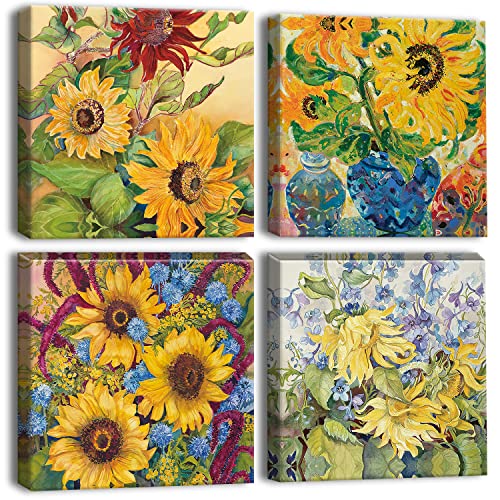 Artscope 4 Teilig Leinwandbilder mit Sonnenblumen-Ölgemälde Motiv Kunstdruck - Moderne Wandbild für Küche Badezimmer Wohnzimmer Wanddekoration - 30 x 30 cm von Artscope