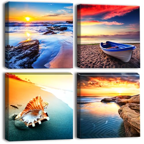 Artscope 4 Teilig Leinwandbilder mit Sonnenuntergang Küstenlandschaft Motiv Kunstdruck - Moderne Wandbild für Badezimmer Wohnzimmer Wanddekoration - 30 x 30 cm von Artscope