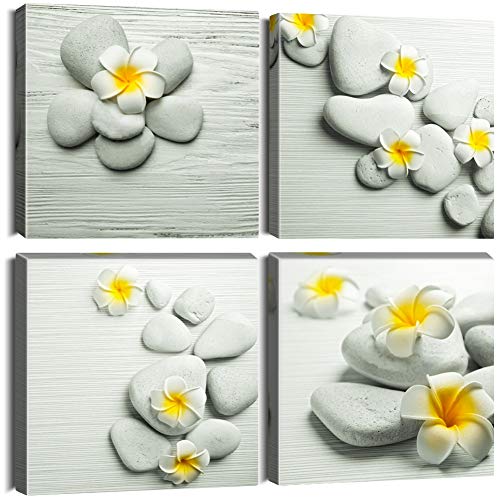 Artscope 4 Teilig Leinwandbilder mit Stein mit gelben Blumen Motiv Kunstdruck - Moderne Wandbild für Badezimmer Wohnzimmer Wanddekoration - 30 x 30 cm von Artscope