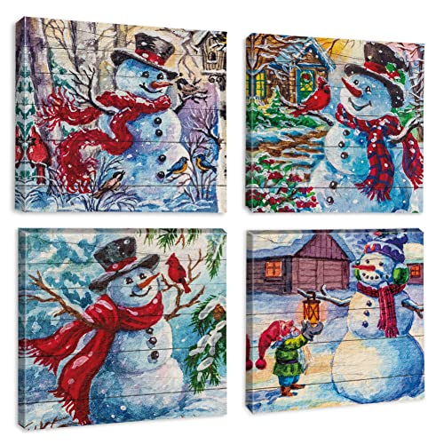 Artscope 4 Teilig Weihnachten Leinwandbilder mit Schneemann Motiv Kunstdruck - Moderne Wandbild für Badezimmer Wohnzimmer Wanddekoration - 30 x 30 cm von Artscope