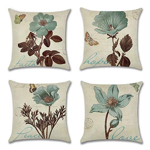 Artscope 4er-Set Dekorativ Kissenbezug 45 x 45 cm, Polyester Leinen Kissenbezüge Dekokissen Kissenhülle Set Kissen Fall für Sofa Auto Schlafzimmer Zuhause Dekor (Retro Blume) von Artscope