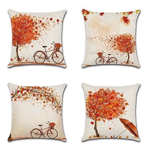 Artscope 4er-Set Dekorativ Kissenbezug 45 x 45 cm, Herbst-Thema Polyester Leinen Kissenbezüge Dekokissen Kissenhülle Set Kissen Fall für Sofa Auto Schlafzimmer Zuhause Dekor (Ahornbaum mit Fahrrad) von Artscope