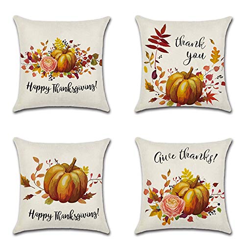 Artscope 4er-Set Dekorativ Kissenbezug 45 x 45 cm, Herbst-Thema Polyester Leinen Kissenbezüge Dekokissen Kissenhülle Set Kissen Fall für Sofa Auto Schlafzimmer Zuhause Dekor (Kürbis - A) von Artscope