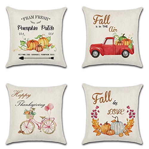 Artscope 4er-Set Dekorativ Kissenbezug 45 x 45 cm, Herbst-Thema Polyester Leinen Kissenbezüge Dekokissen Kissenhülle Set Kissen Fall für Sofa Auto Schlafzimmer Zuhause Dekor (Kürbis - F) von Artscope