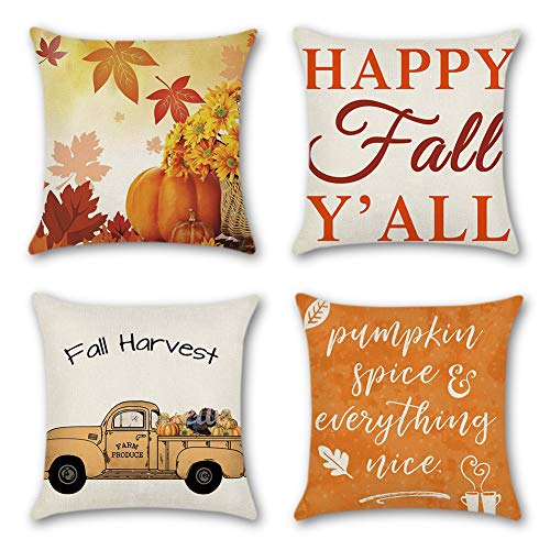 Artscope 4er-Set Dekorativ Kissenbezug 45 x 45 cm, Herbst-Thema Polyester Leinen Kissenbezüge Dekokissen Kissenhülle Set Kissen Fall für Sofa Auto Schlafzimmer Zuhause Dekor (Ahornblatt/Kürbis/LKW) von Artscope