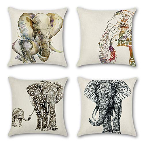 Artscope 4er-Set Dekorativ Kissenbezug 45 x 45 cm, Polyester Leinen Kissenbezüge Dekokissen Kissenhülle Set Kissen Fall für Sofa Auto Schlafzimmer Zuhause Dekor (Elefant) von Artscope