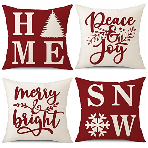 Artscope 4er Set Weihnachten Kissenbezug 45x45cm Weihnachten Kissen Set, Wohnkultur Leinen Dekokissen Home Snow Merry Bright Peace Joy Rot Muster Kissenhülle Sofakissen für Sofa von Artscope