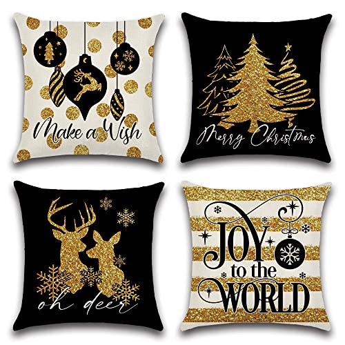 Artscope 4er Set Weihnachten Kissenbezug 50x50cm Weihnachten Kissen Set, Wohnkultur Leinen Dekokissen Schwarz Gold Muster Kissenhülle Sofakissen für Sofa von Artscope