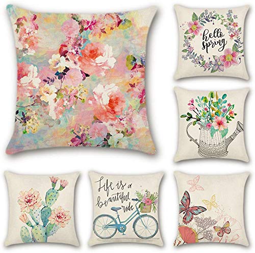 Artscope 6er-Set Dekorativ Kissenbezug 45 x 45 cm, Polyester Leinen Kissenbezüge Dekokissen Kissenhülle Set Kissen Fall für Sofa Auto Schlafzimmer Zuhause Dekor (Farbenfrohe Blumen) von Artscope