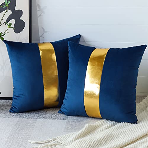 Artscope Dunkelblauer Samt Kissenbezug mit Luxuriöser Moderne Minimalist Goldenen Ledernähten Dekokissen Kissenhülle Kissen Fall für Sofa Schlafzimmer 45x45cm 2er Set von Artscope