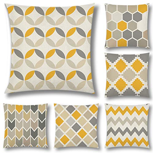 Artscope 6er-Set Dekorativ Kissenbezug 45 x 45 cm, Polyester Leinen Kissenbezüge Dekokissen Kissenhülle Set Kissen Fall für Sofa Auto Schlafzimmer Zuhause Dekor (Geometrische Gelb und Grau) von Artscope