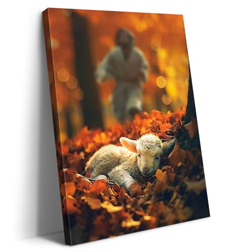 Artscope Leinwandbilder Jesus und das Lamm im Herbst Motiv Kunstdruck - Religiöse Wandbild für Kirche Gebetsraum Wohnzimmer Wanddekoration - 30 x 40 cm von Artscope