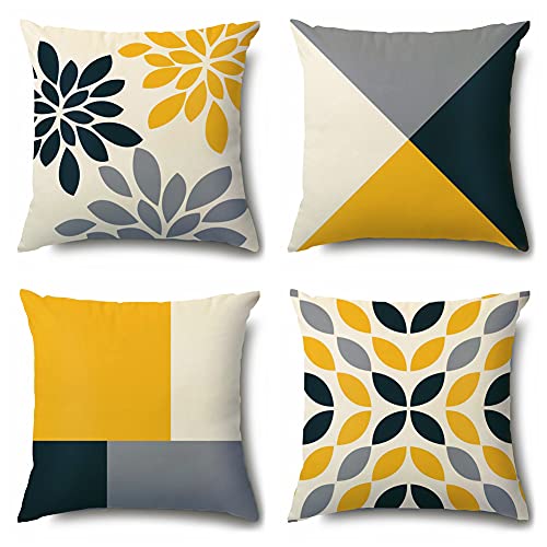 Artscope Samt Geometrische Kissenbezug Dekorative Super Weich Kissenhülle mit Blumen und Grau-Gelb Muster Dekokissen für Sofa Bett 45x45cm 4er Set von Artscope