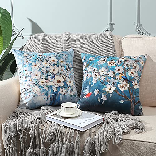 Artscope Samt Kissenbezug Dekorative Super Weich Kissenhülle mit Nachtkirschblüten Muster Dekokissen für Sofa Bett 45x45cm 2er Set von Artscope