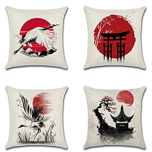 Artscope Kissenbezüge im japanischen Stil, Motiv: rote Sonne mit Tintenmalerei, Kranich, dekorative Wurfkissenbezüge für Couch, Schlafzimmer, Outdoor, Bank, Bauernhaus-Dekor, 45 x 45 cm, 4 Stück von Artscope