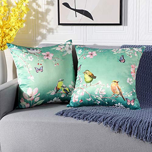 Artscope Weiche Faux Seide Kissenbezuge, 2er Set Retro Vogel Blume Muster Kissenhüllen Kissen Fall für Sofa Auto Schlafzimmer (45x45cm, Grün) von Artscope