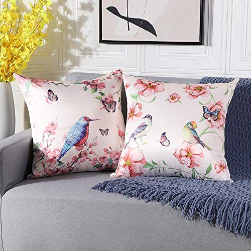 Artscope Weiche Faux Seide Kissenbezuge 45x45cm, 2er Set Retro Vogel Blume Muster Kissenhüllen Kissen Fall für Sofa Auto Schlafzimmer, Rosa von Artscope