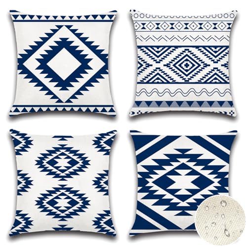 Artscope wasserdichte Böhmen Kissenbezugen, 4 Stück Geometrisches Blau Kissenhülle Atmungsaktiv Kissen Fall für Outdoor Balkon Terrasse Patio Garten Bauernhaus Dekor 40 x 40cm (Geometrie 80) von Artscope