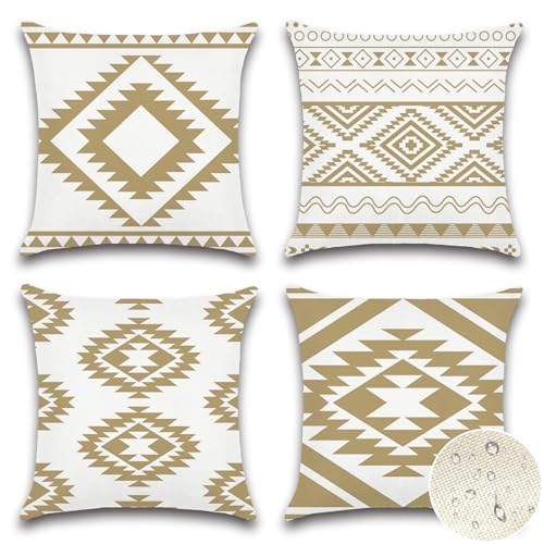 Artscope wasserdichte Böhmen Kissenbezugen, 4 Stück Geometrisches Khaki Kissenhülle Atmungsaktiv Kissen Fall für Outdoor Balkon Terrasse Patio Garten Bauernhaus Dekor 45 x 45cm (Geometrie 80) von Artscope