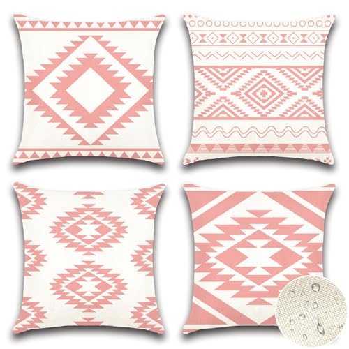 Artscope wasserdichte Böhmen Kissenbezugen, 4 Stück Geometrisches Rosa Kissenhülle Atmungsaktiv Kissen Fall für Outdoor Balkon Terrasse Patio Garten Bauernhaus Dekor 50 x 50cm (Geometrie 80) von Artscope