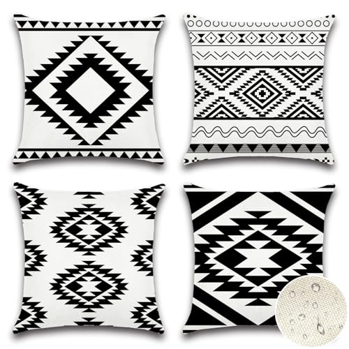 Artscope wasserdichte Böhmen Kissenbezugen, 4 Stück Geometrisches Schwarz Kissenhülle Atmungsaktiv Kissen Fall für Outdoor Balkon Terrasse Patio Garten Bauernhaus Dekor 50 x 50cm (Geometrie 80) von Artscope