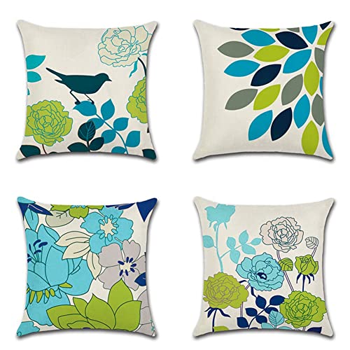 Artscope wasserdichte Kissenbezugen, 4 Stück Blau-Grüne Blumen und Vögel Kissenhülle Atmungsaktiv Kissen Fall für Outdoor Balkon Terrasse Patio Garten Bauernhaus Dekor 45 x 45cm von Artscope