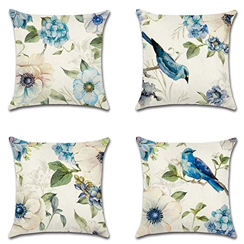 Artscope wasserdichte Kissenbezugen, 4 Stück Blaue Blumen und Vögel Kissenhülle Atmungsaktiv Kissen Fall für Outdoor Balkon Terrasse Patio Garten Bauernhaus Dekor 45 x 45cm von Artscope