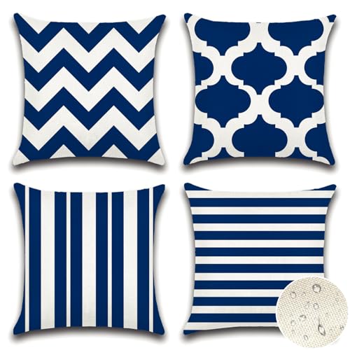 Artscope wasserdichte Kissenbezugen, 4 Stück Geometrisches Blau Kissenhülle Atmungsaktiv Kissen Fall für Outdoor Balkon Terrasse Patio Garten Bauernhaus Dekor 50 x 50cm (Geometrie 70) von Artscope