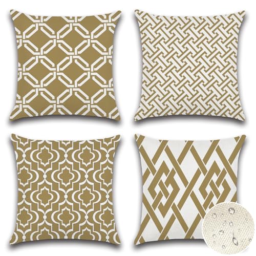 Artscope wasserdichte Kissenbezugen, 4 Stück Geometrisches Khaki Kissenhülle Atmungsaktiv Kissen Fall für Outdoor Balkon Terrasse Patio Garten Bauernhaus Dekor 40 x 40cm (Geometrie 49) von Artscope